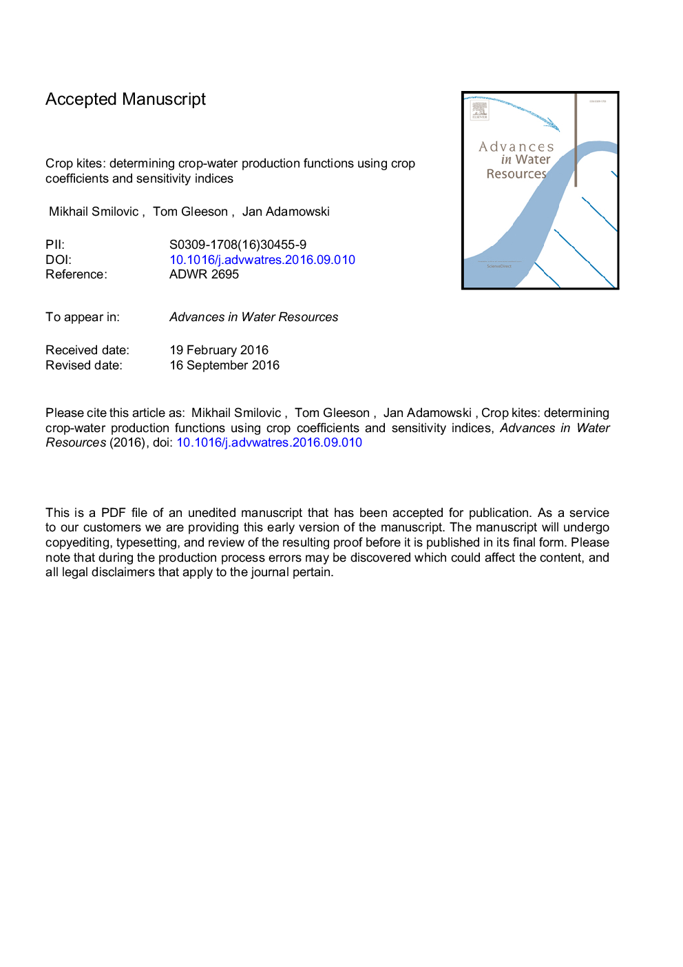 Crop kites: Determining crop-water production functions using crop coefficients and sensitivity indices