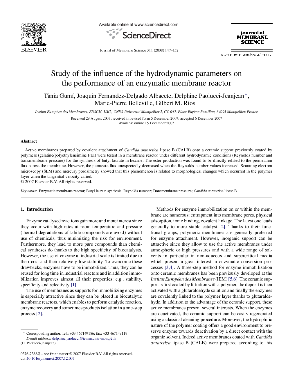 Study of the influence of the hydrodynamic parameters on the performance of an enzymatic membrane reactor