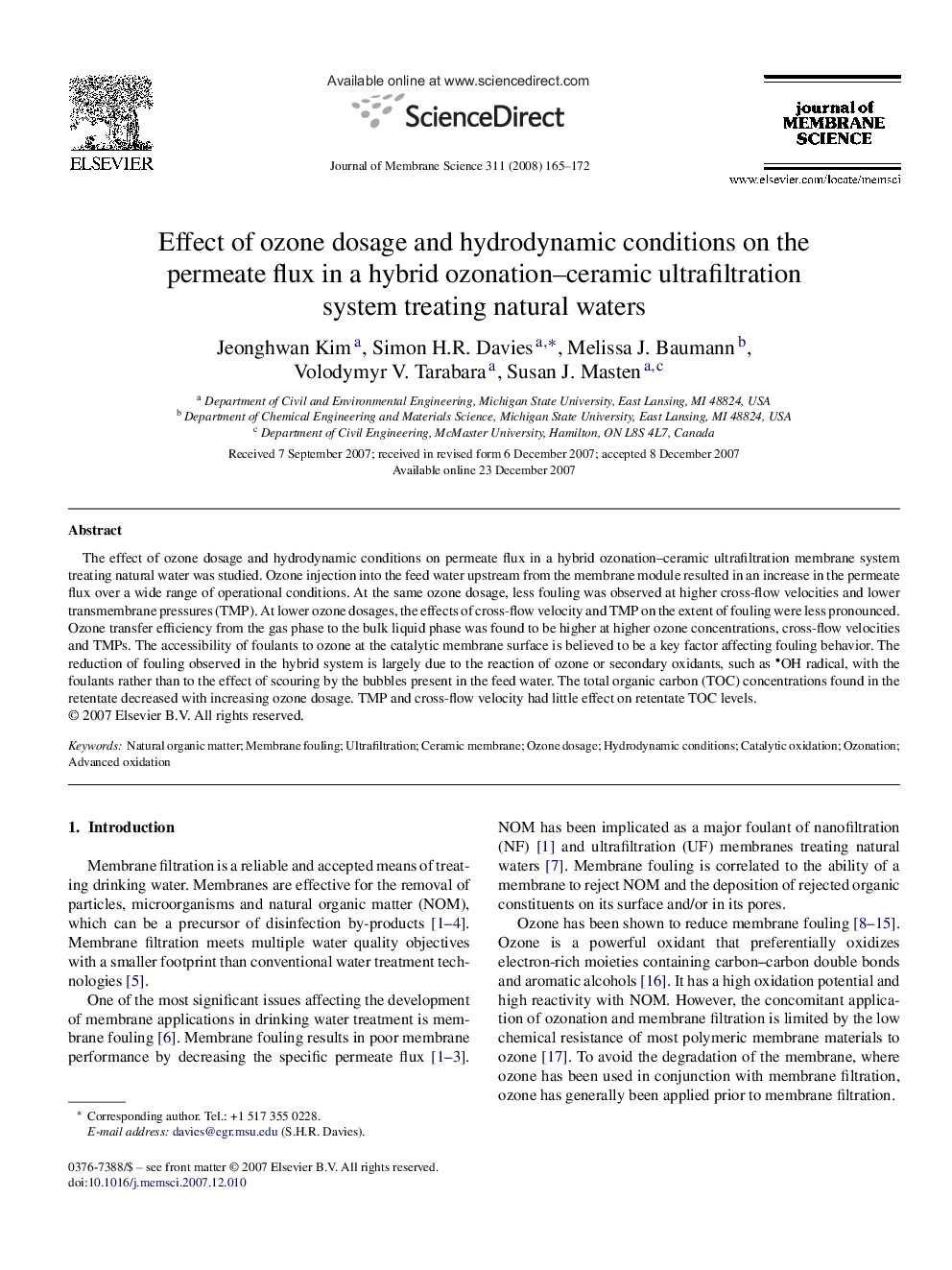 Effect of ozone dosage and hydrodynamic conditions on the permeate flux in a hybrid ozonation–ceramic ultrafiltration system treating natural waters