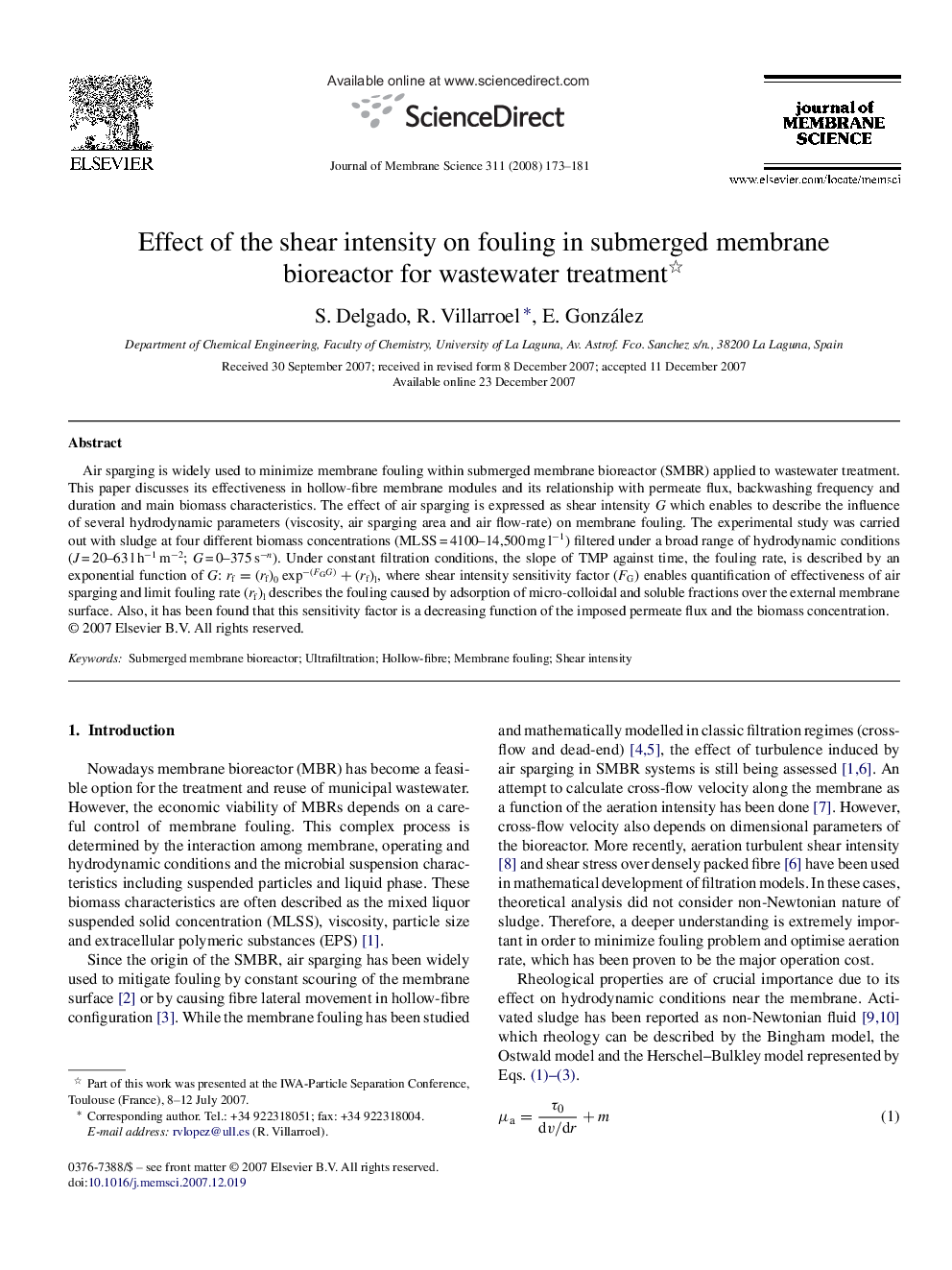 Effect of the shear intensity on fouling in submerged membrane bioreactor for wastewater treatment 