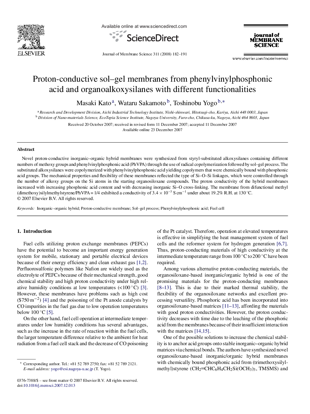 Proton-conductive sol-gel membranes from phenylvinylphosphonic acid and organoalkoxysilanes with different functionalities