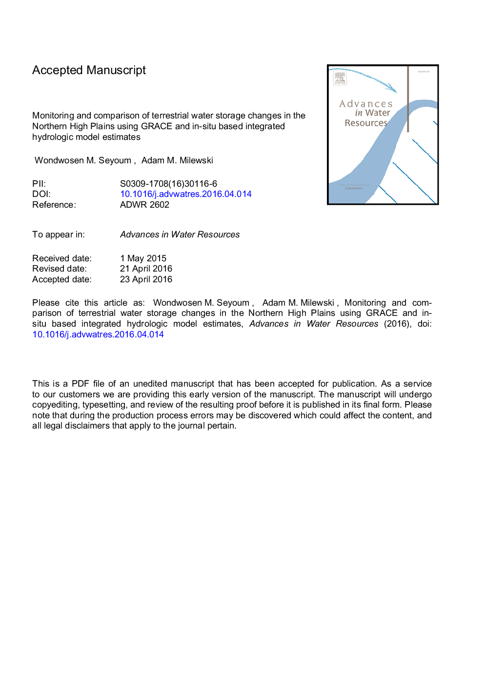 Monitoring and comparison of terrestrial water storage changes in the northern high plains using GRACE and in-situ based integrated hydrologic model estimates