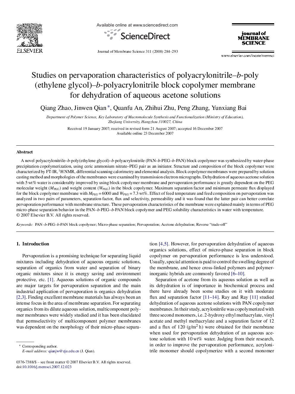Studies on pervaporation characteristics of polyacrylonitrile–b-poly(ethylene glycol)–b-polyacrylonitrile block copolymer membrane for dehydration of aqueous acetone solutions