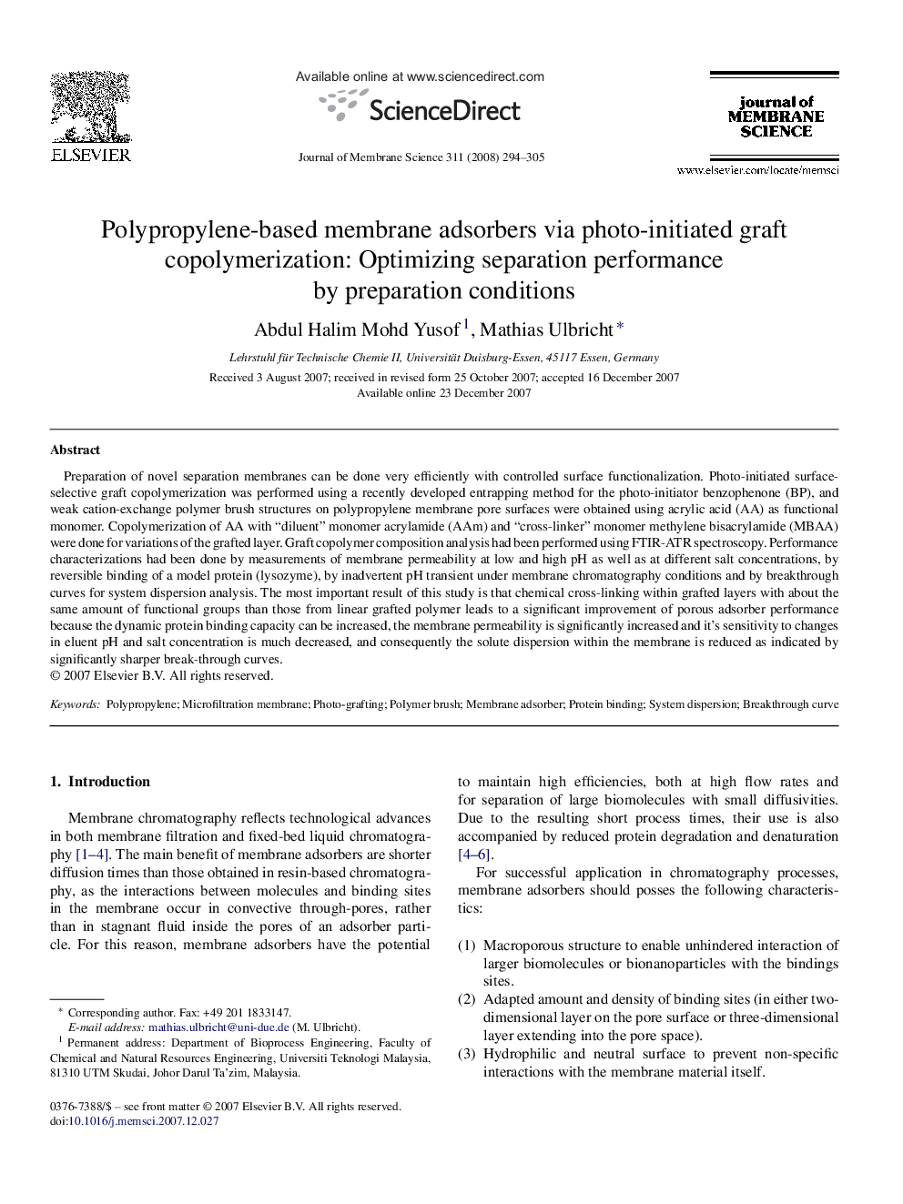 Polypropylene-based membrane adsorbers via photo-initiated graft copolymerization: Optimizing separation performance by preparation conditions