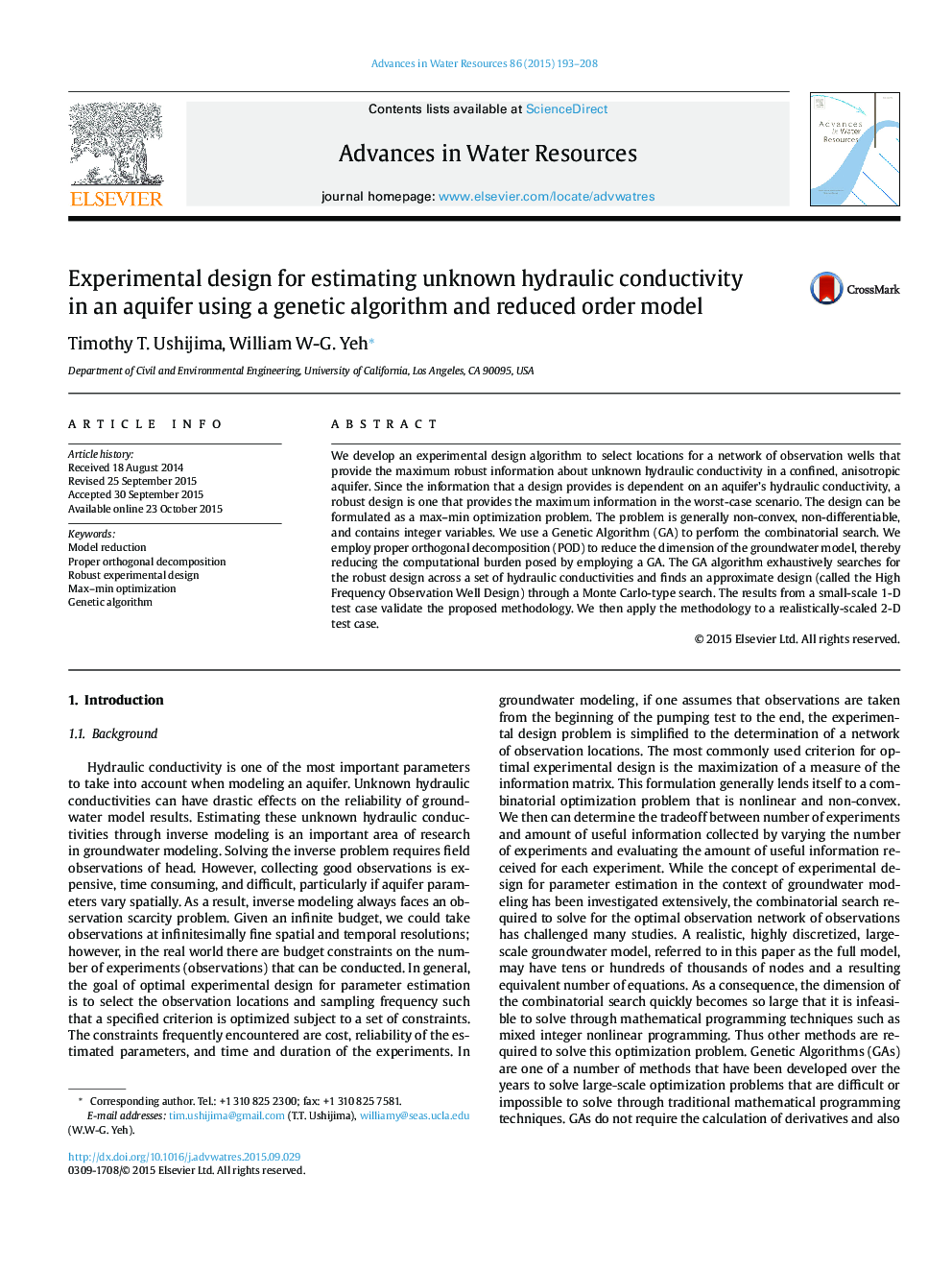 Experimental design for estimating unknown hydraulic conductivity in an aquifer using a genetic algorithm and reduced order model