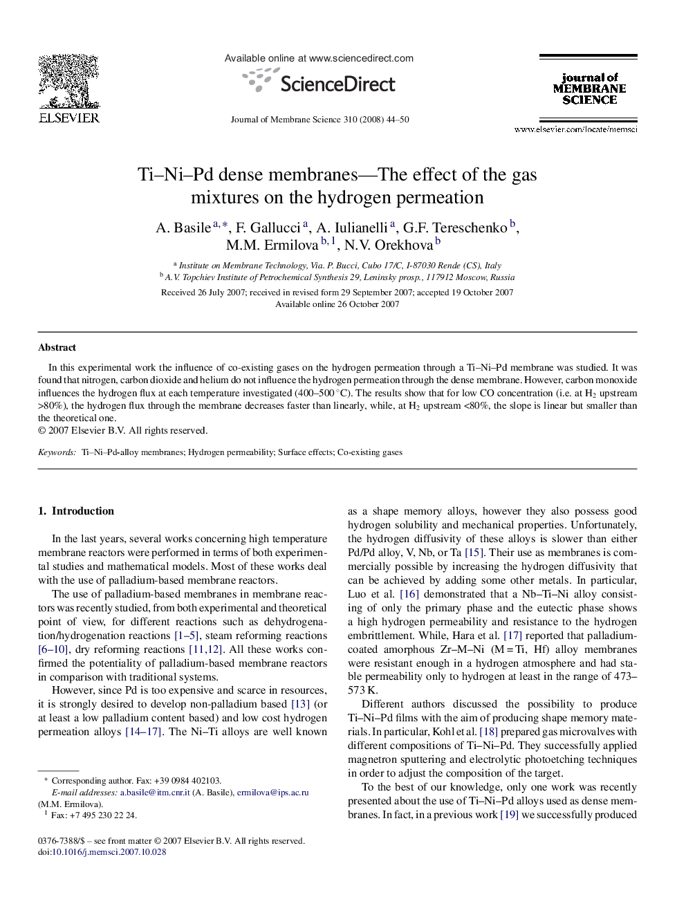 Ti–Ni–Pd dense membranes—The effect of the gas mixtures on the hydrogen permeation