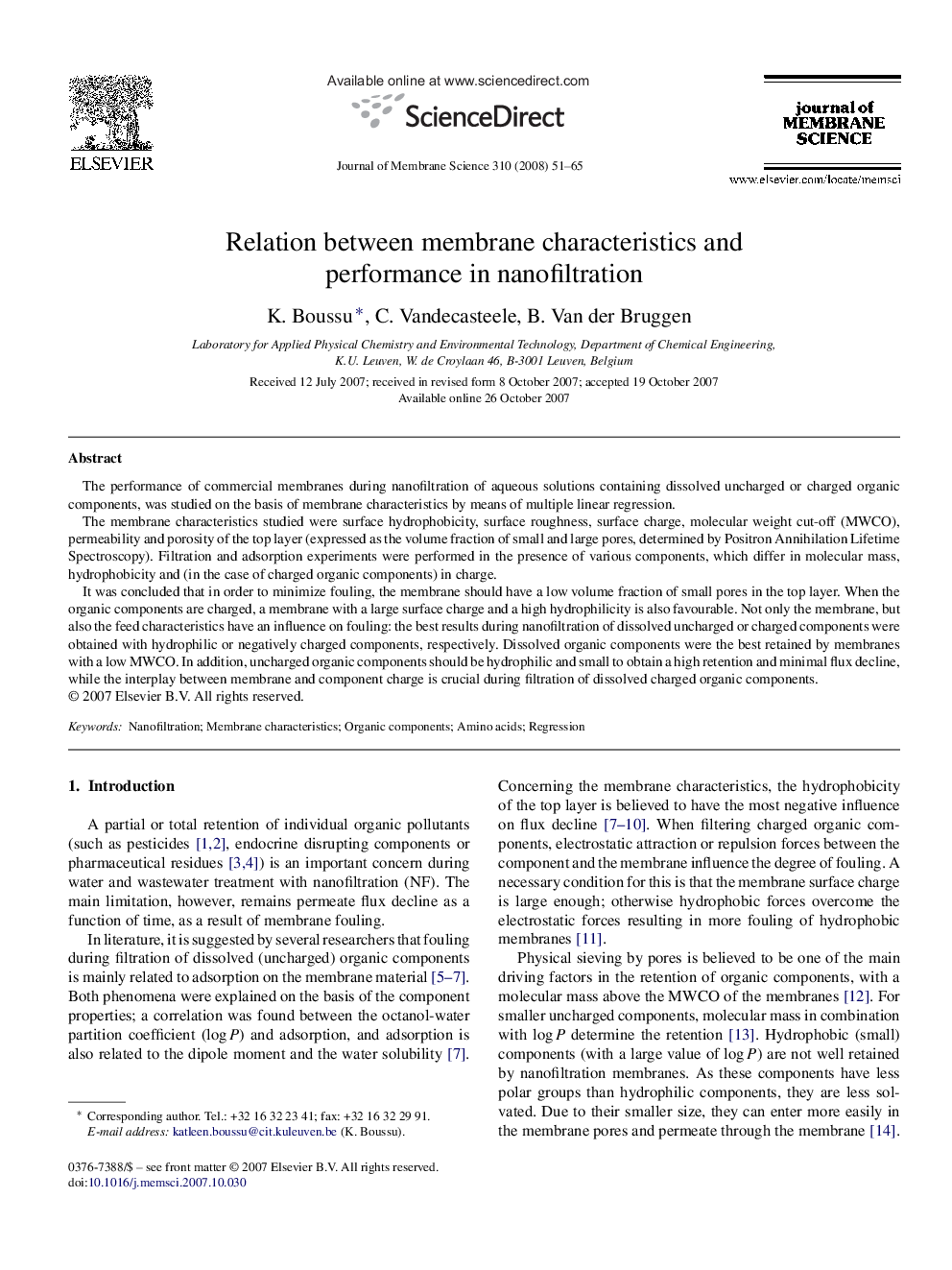 Relation between membrane characteristics and performance in nanofiltration