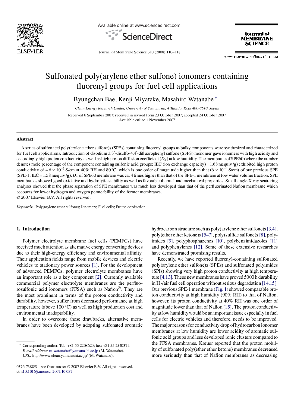 Sulfonated poly(arylene ether sulfone) ionomers containing fluorenyl groups for fuel cell applications