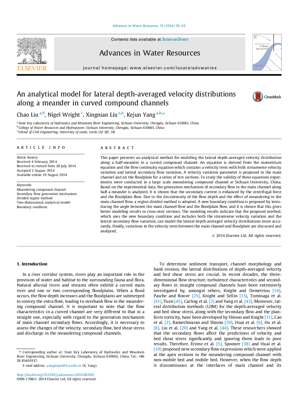 An analytical model for lateral depth-averaged velocity distributions along a meander in curved compound channels