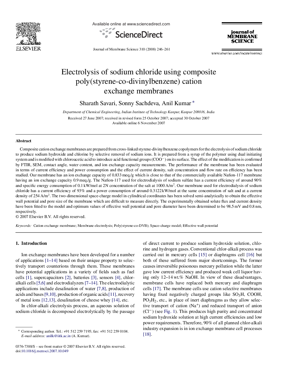 Electrolysis of sodium chloride using composite poly(styrene-co-divinylbenzene) cation exchange membranes