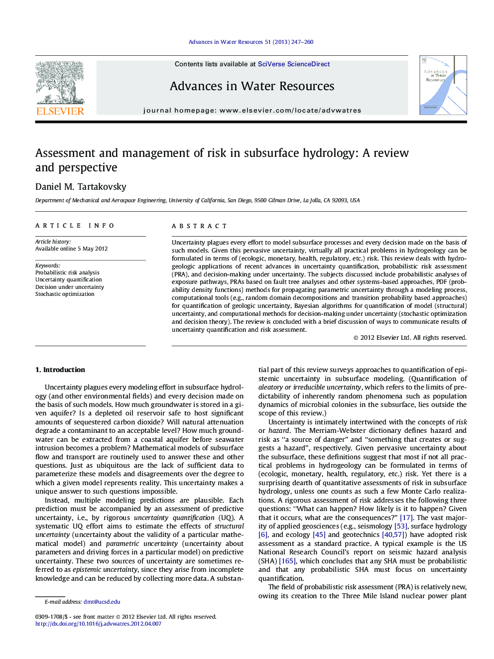 ارزیابی و مدیریت ریسک در هیدرولوژی زیرزمینی: یک بررسی و دیدگاه 