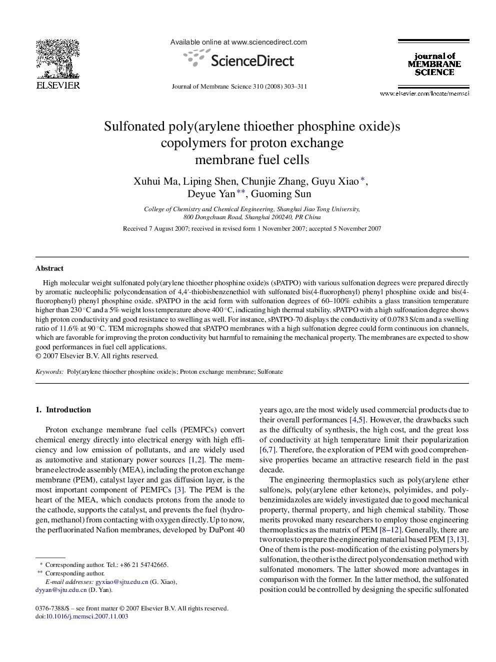 Sulfonated poly(arylene thioether phosphine oxide)s copolymers for proton exchange membrane fuel cells