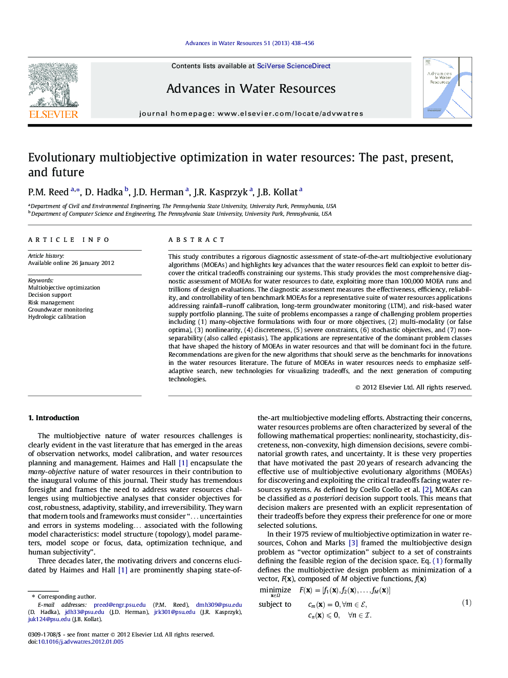 Evolutionary multiobjective optimization in water resources: The past, present, and future