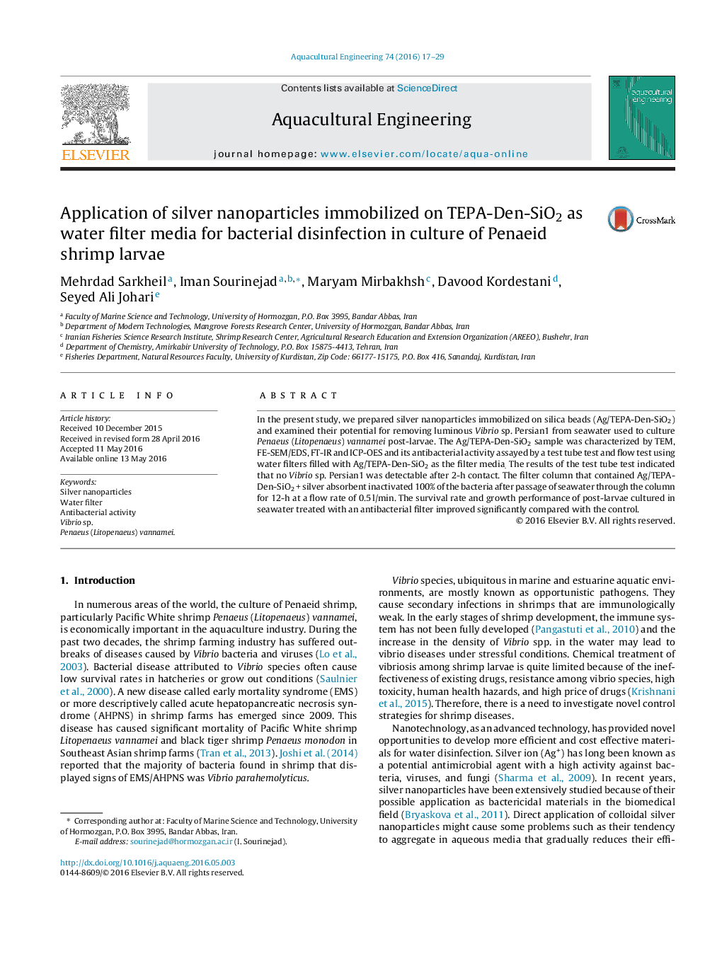 Application of silver nanoparticles immobilized on TEPA-Den-SiO2 as water filter media for bacterial disinfection in culture of Penaeid shrimp larvae