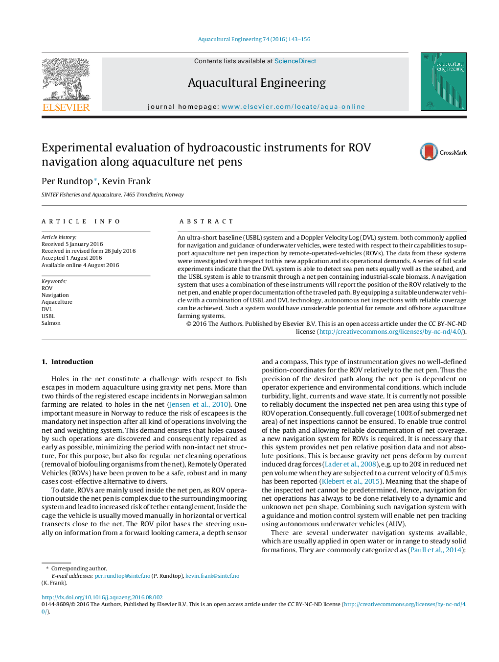 Experimental evaluation of hydroacoustic instruments for ROV navigation along aquaculture net pens