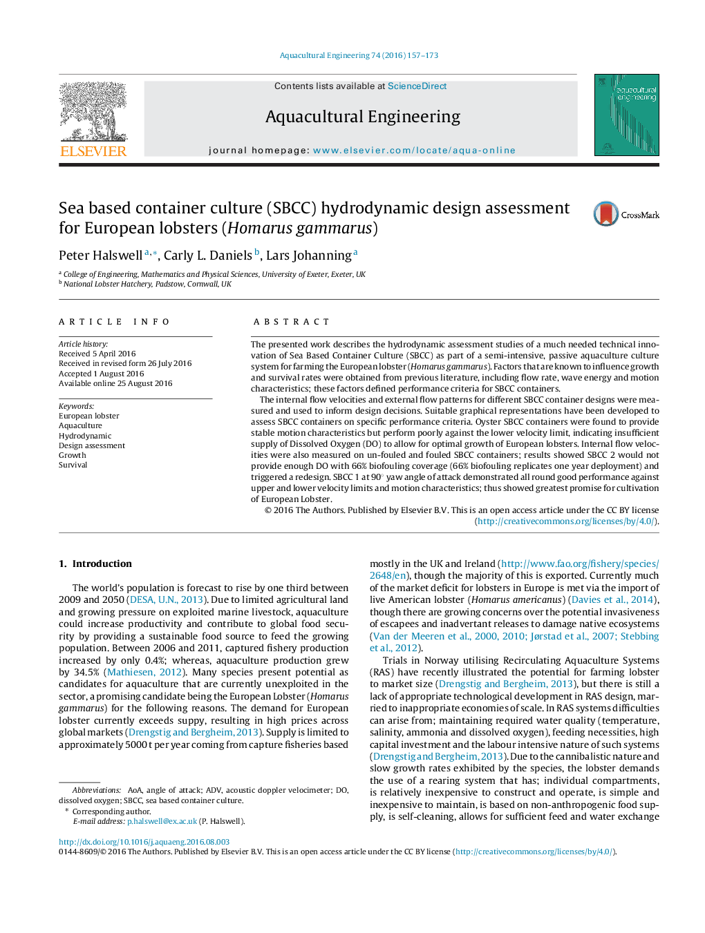 Sea based container culture (SBCC) hydrodynamic design assessment for European lobsters (Homarus gammarus)