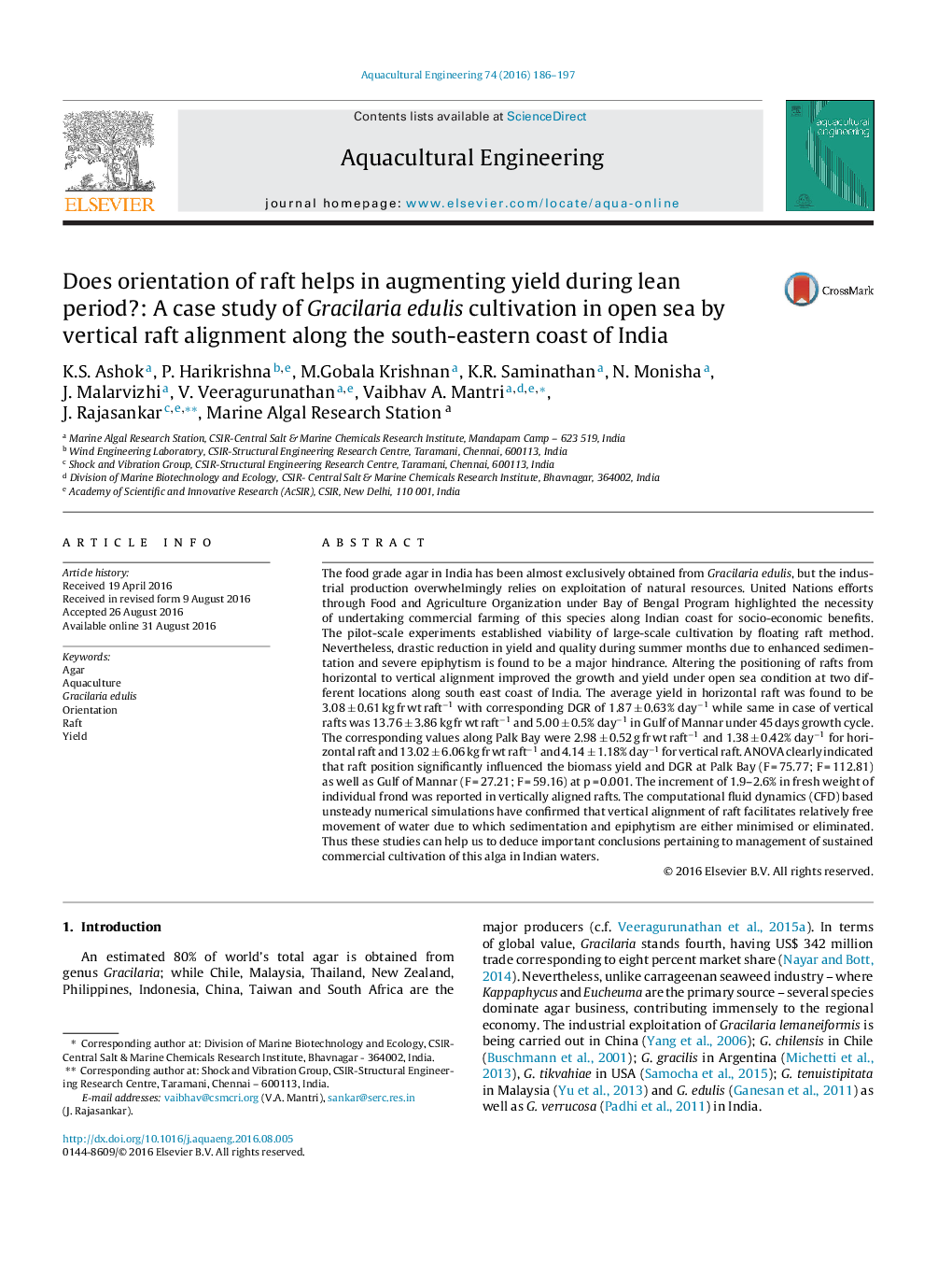 Does orientation of raft helps in augmenting yield during lean period?: A case study of Gracilaria edulis cultivation in open sea by vertical raft alignment along the south-eastern coast of India