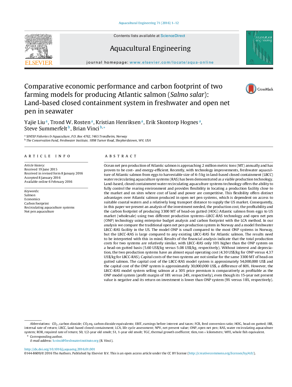 Comparative economic performance and carbon footprint of two farming models for producing Atlantic salmon (Salmo salar): Land-based closed containment system in freshwater and open net pen in seawater