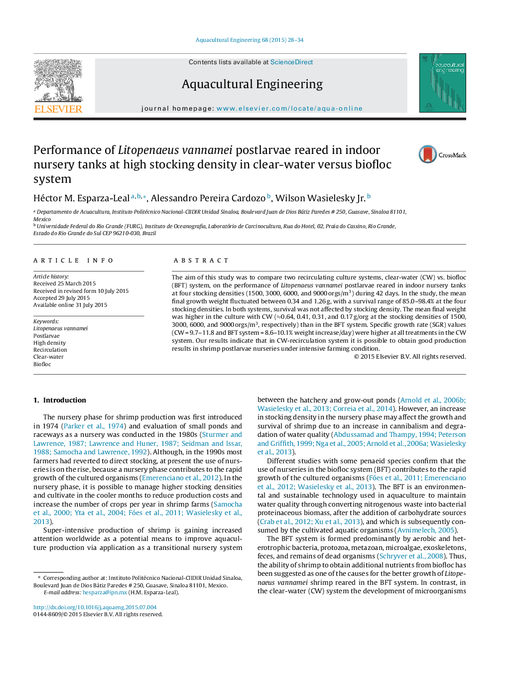 Performance of Litopenaeus vannamei postlarvae reared in indoor nursery tanks at high stocking density in clear-water versus biofloc system