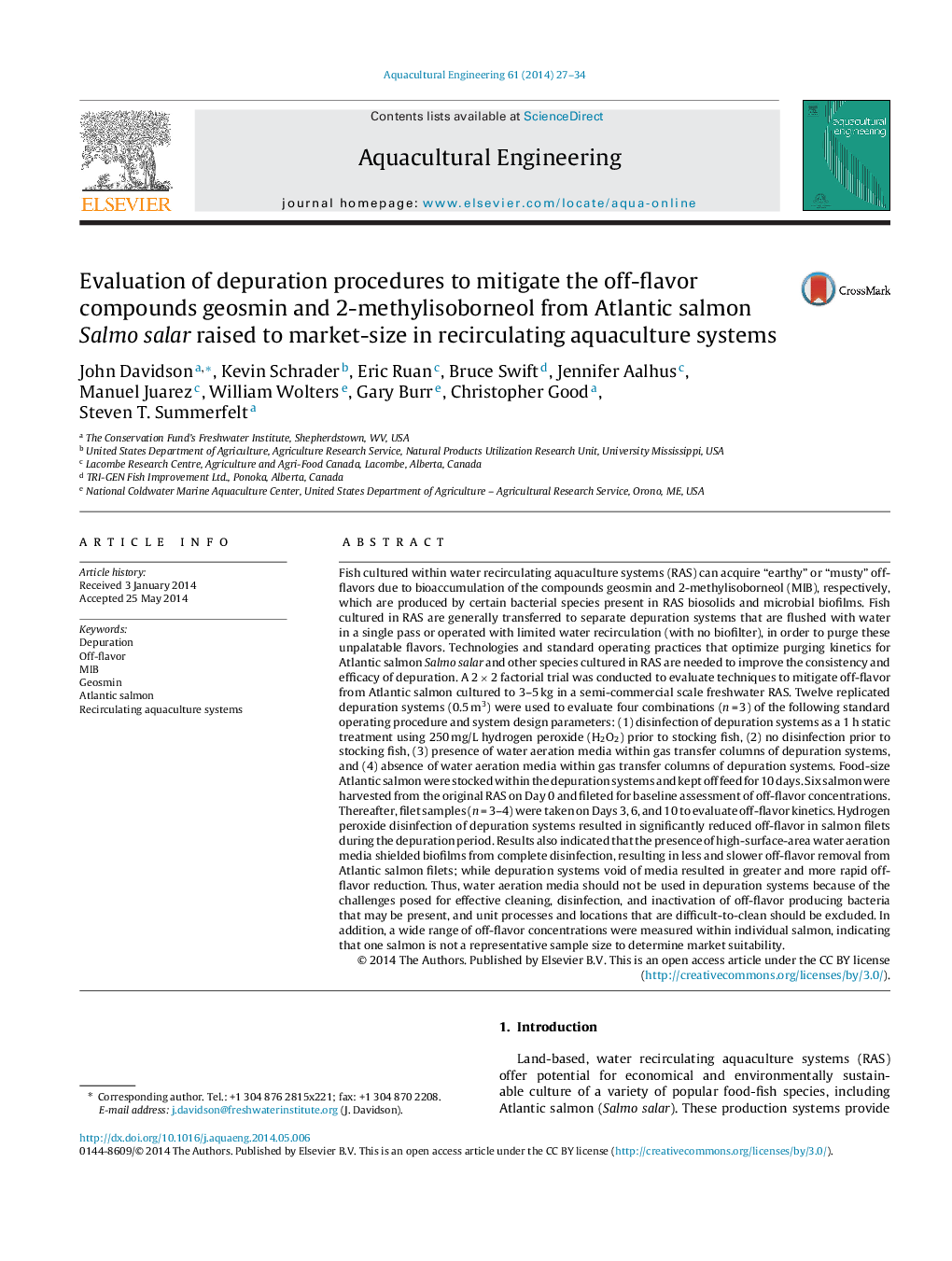 Evaluation of depuration procedures to mitigate the off-flavor compounds geosmin and 2-methylisoborneol from Atlantic salmon Salmo salar raised to market-size in recirculating aquaculture systems