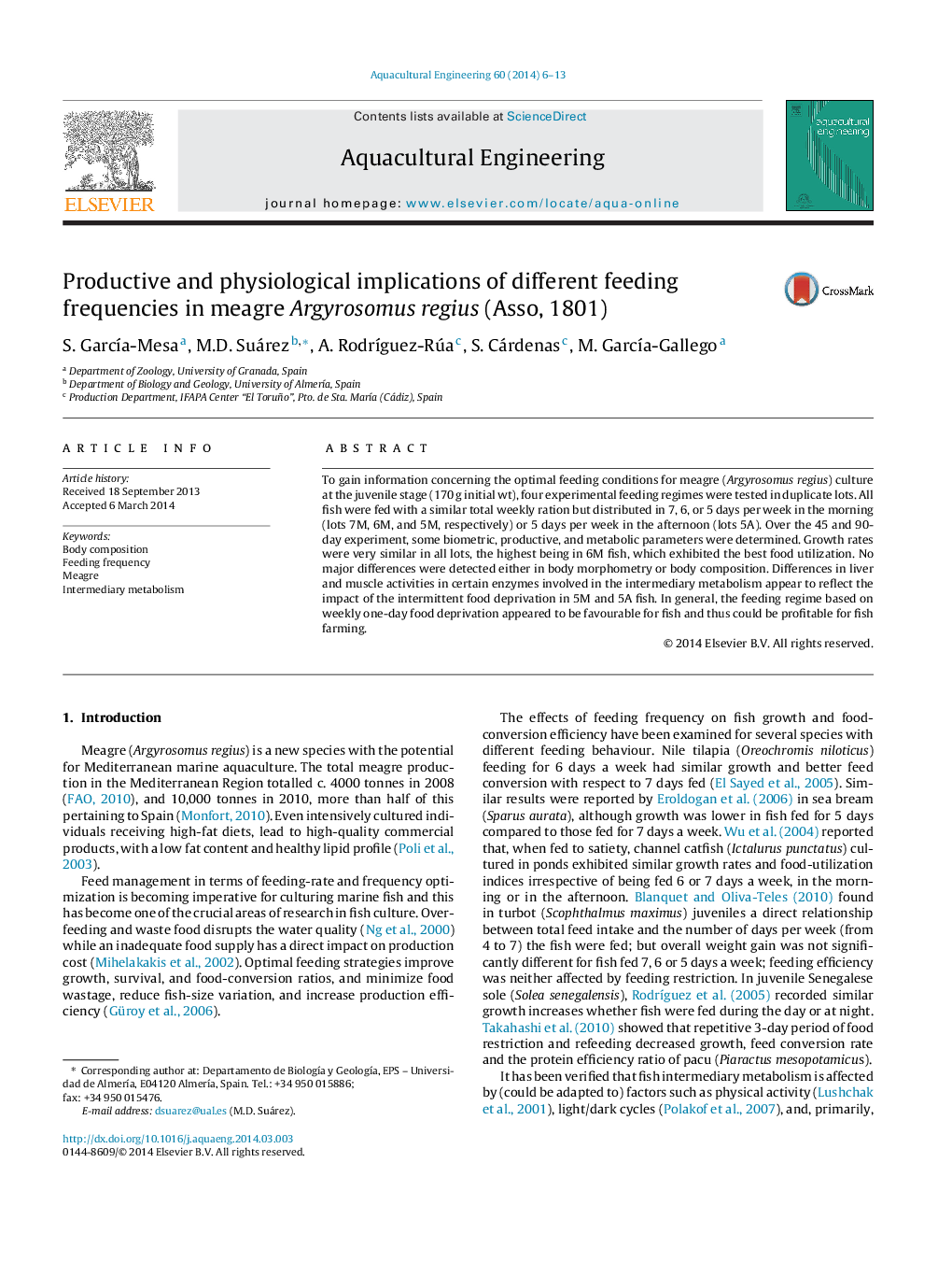 Productive and physiological implications of different feeding frequencies in meagre Argyrosomus regius (Asso, 1801)