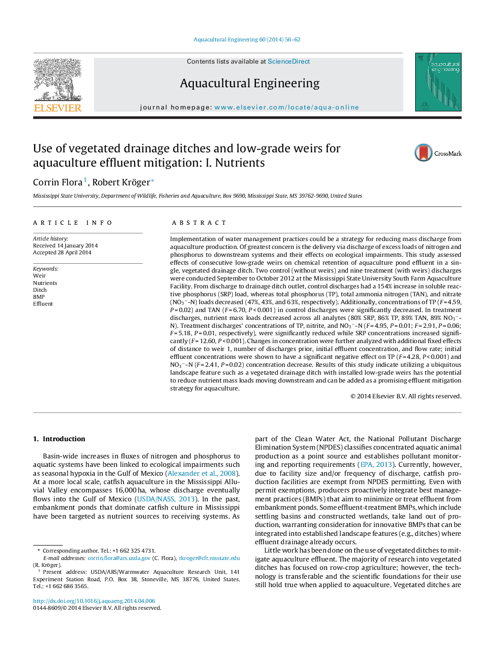 Use of vegetated drainage ditches and low-grade weirs for aquaculture effluent mitigation: I. Nutrients