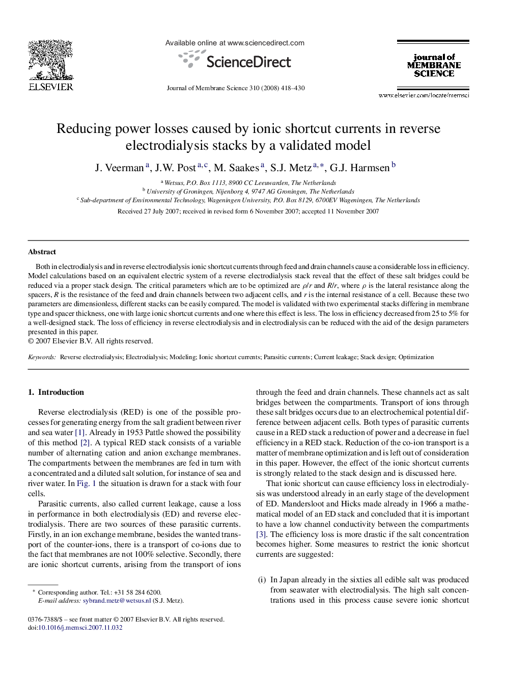 Reducing power losses caused by ionic shortcut currents in reverse electrodialysis stacks by a validated model