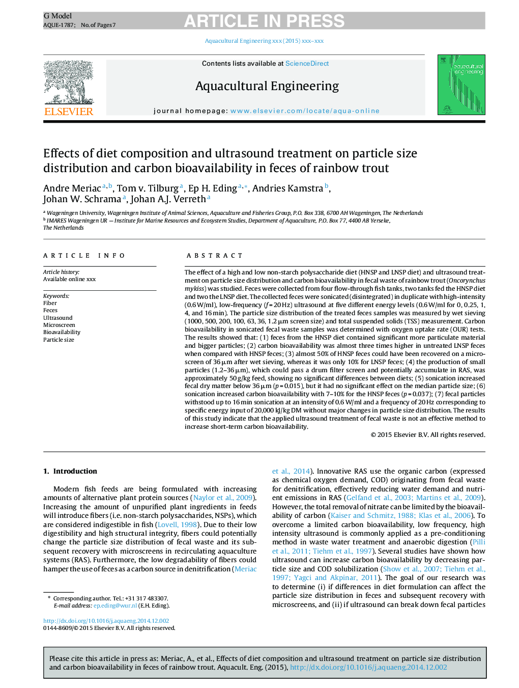 Effects of diet composition and ultrasound treatment on particle size distribution and carbon bioavailability in feces of rainbow trout