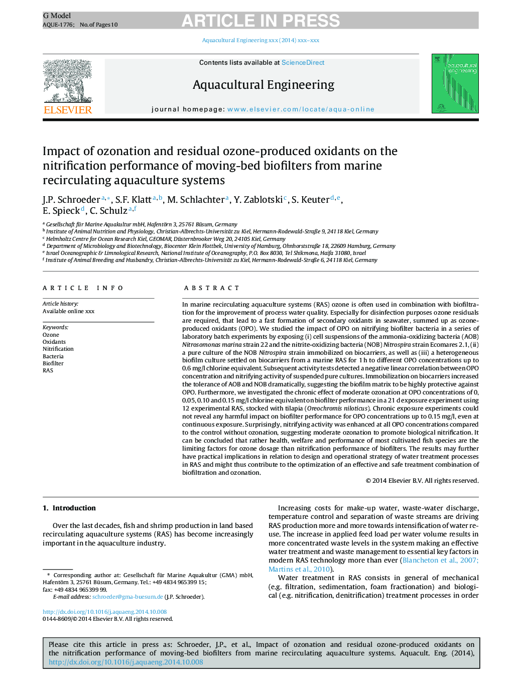 Impact of ozonation and residual ozone-produced oxidants on the nitrification performance of moving-bed biofilters from marine recirculating aquaculture systems