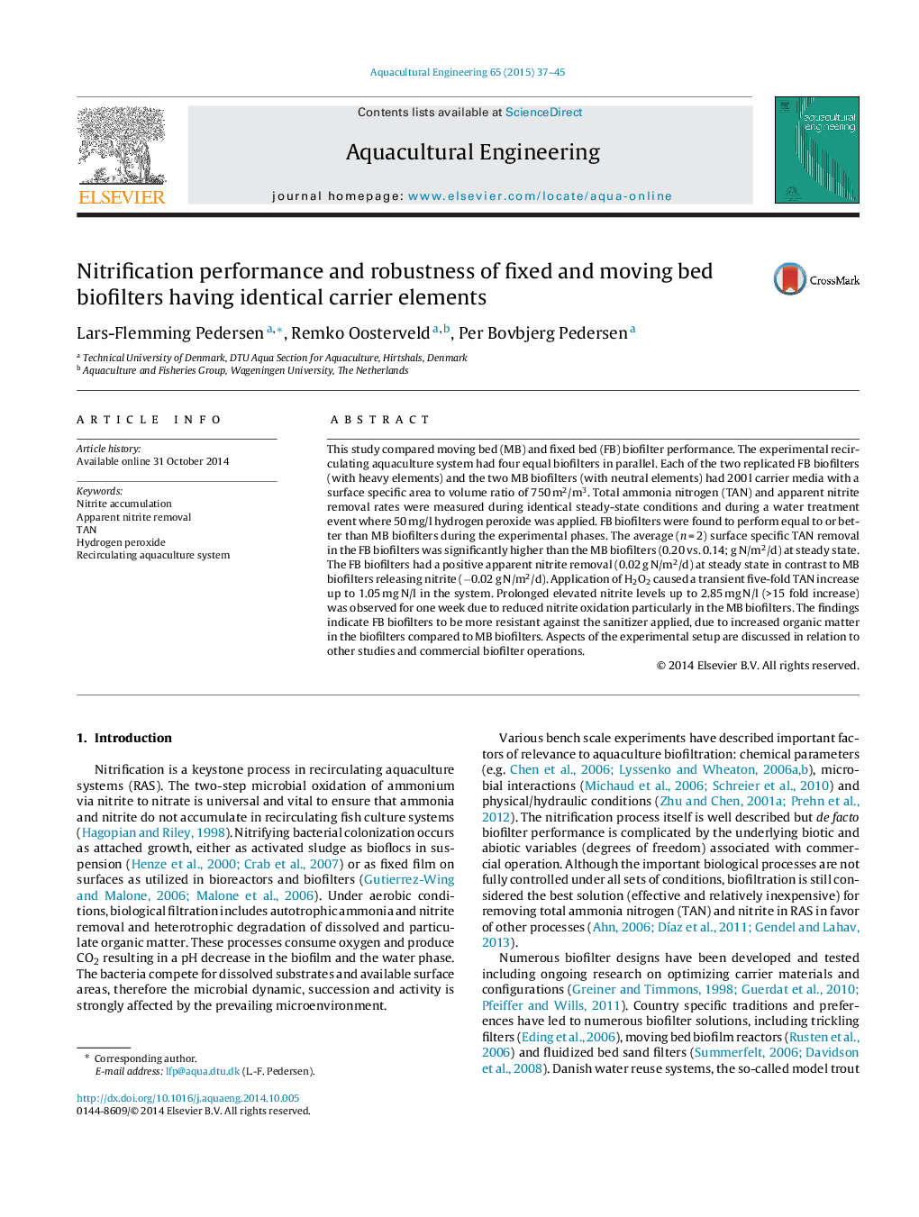 Nitrification performance and robustness of fixed and moving bed biofilters having identical carrier elements