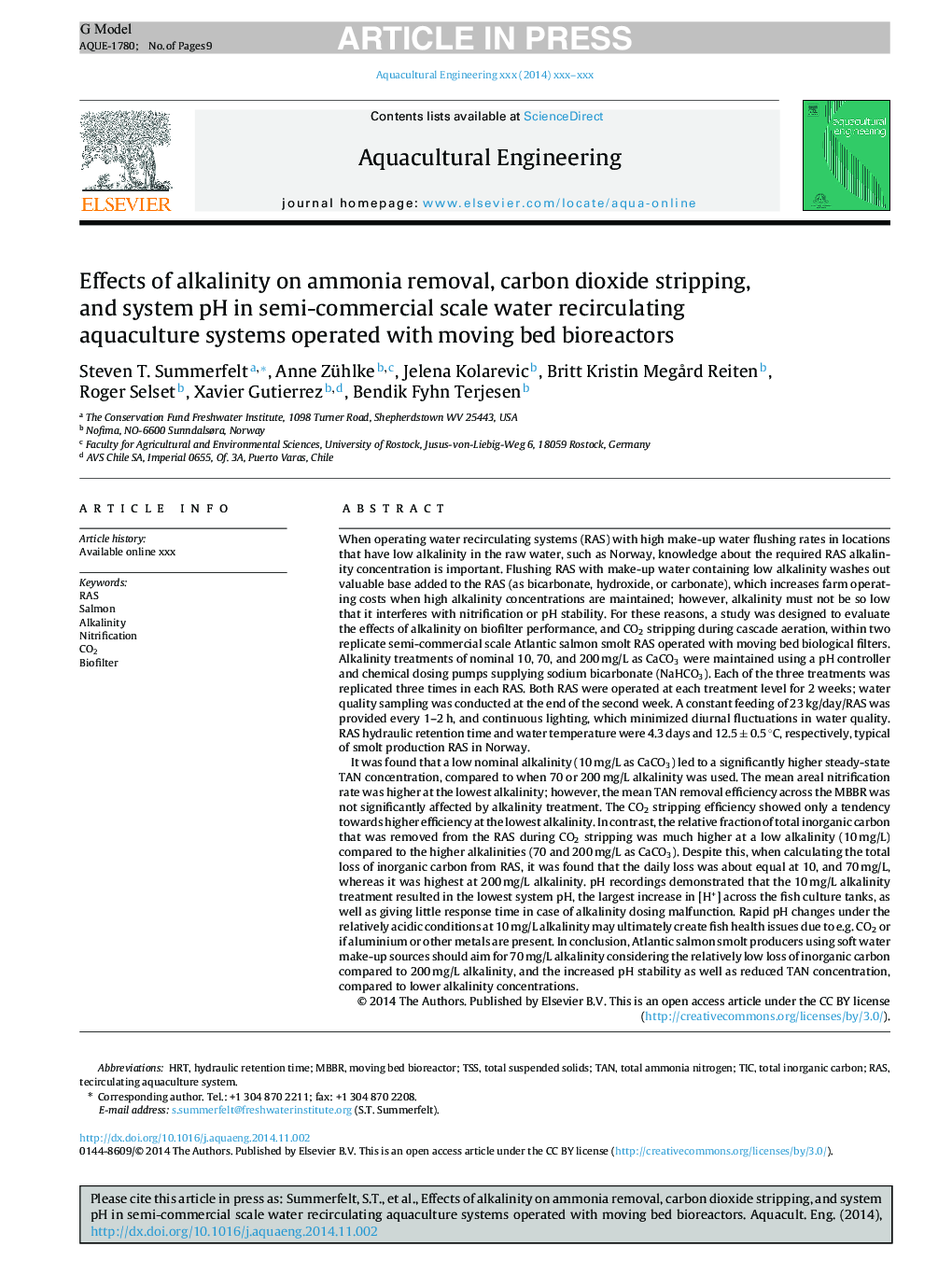 Effects of alkalinity on ammonia removal, carbon dioxide stripping, and system pH in semi-commercial scale water recirculating aquaculture systems operated with moving bed bioreactors