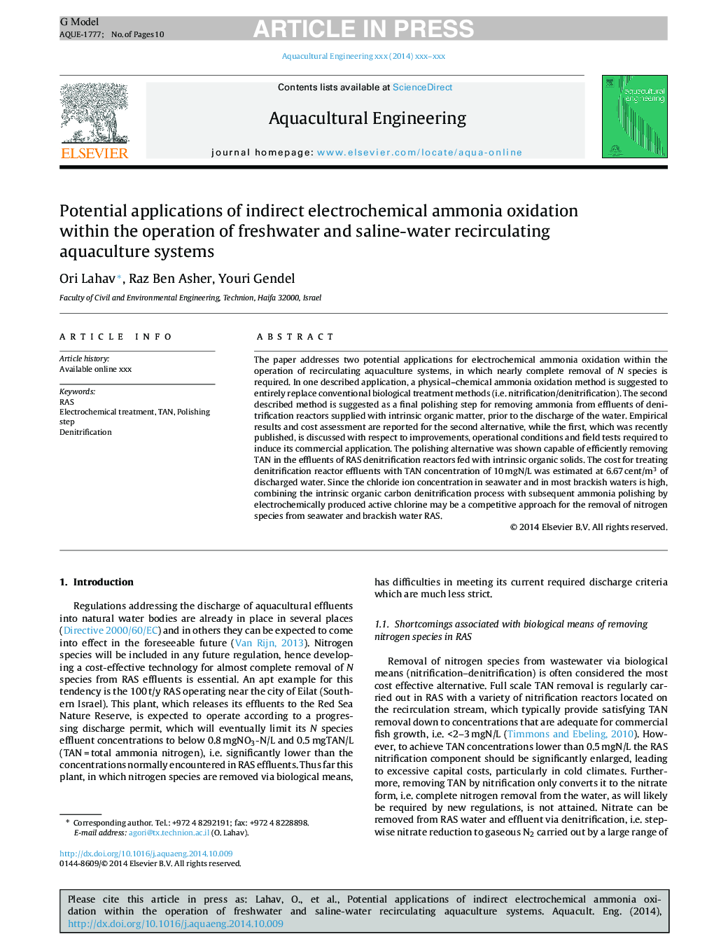 Potential applications of indirect electrochemical ammonia oxidation within the operation of freshwater and saline-water recirculating aquaculture systems