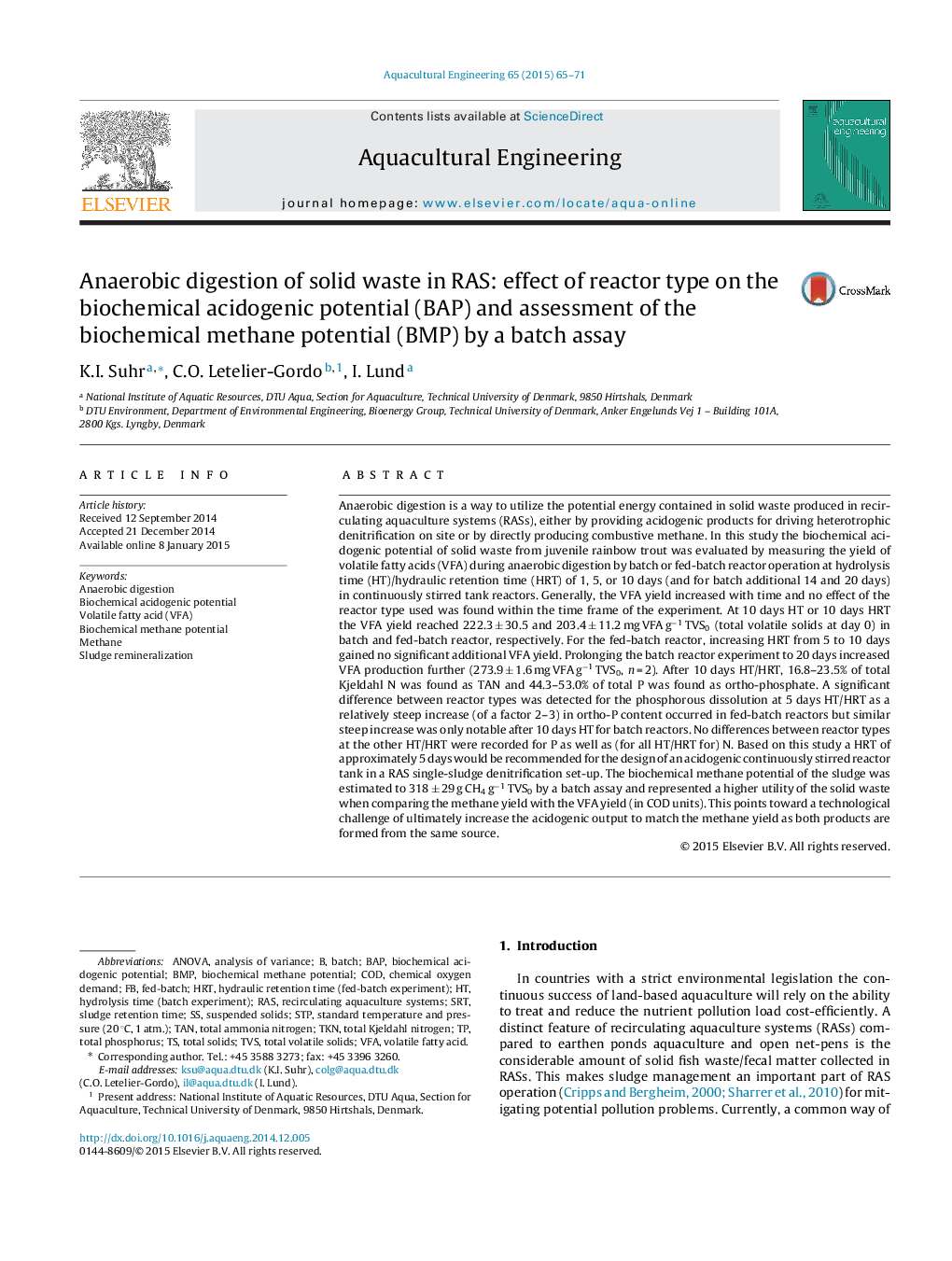 Anaerobic digestion of solid waste in RAS: effect of reactor type on the biochemical acidogenic potential (BAP) and assessment of the biochemical methane potential (BMP) by a batch assay