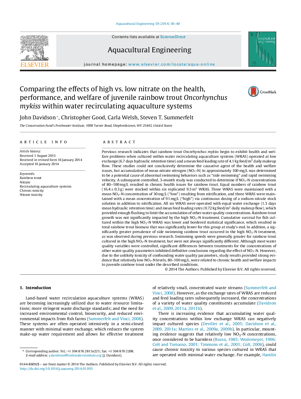 Comparing the effects of high vs. low nitrate on the health, performance, and welfare of juvenile rainbow trout Oncorhynchus mykiss within water recirculating aquaculture systems