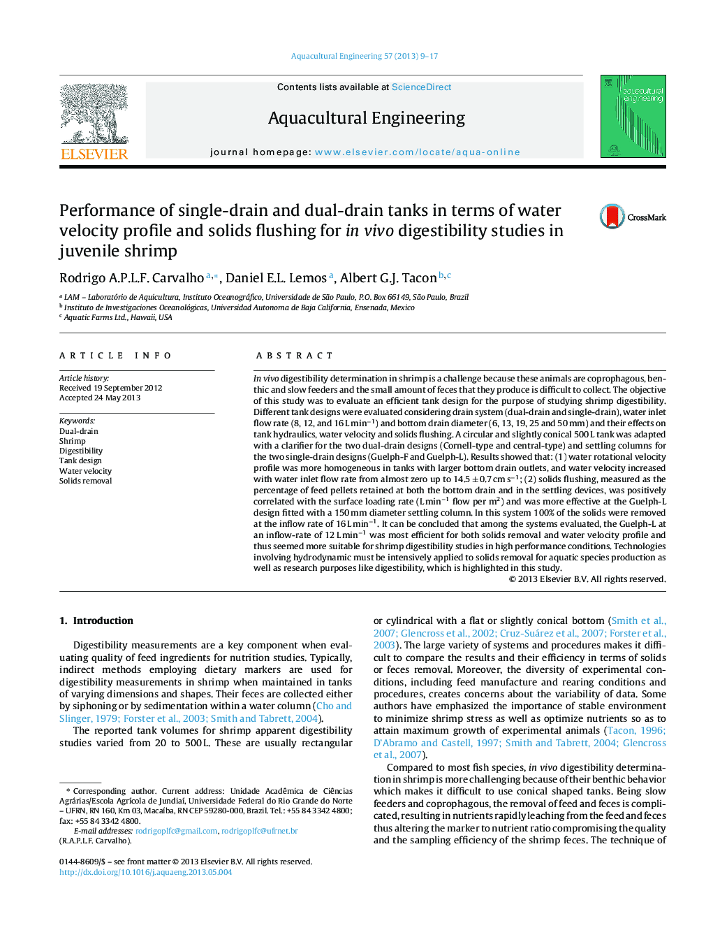 Performance of single-drain and dual-drain tanks in terms of water velocity profile and solids flushing for in vivo digestibility studies in juvenile shrimp