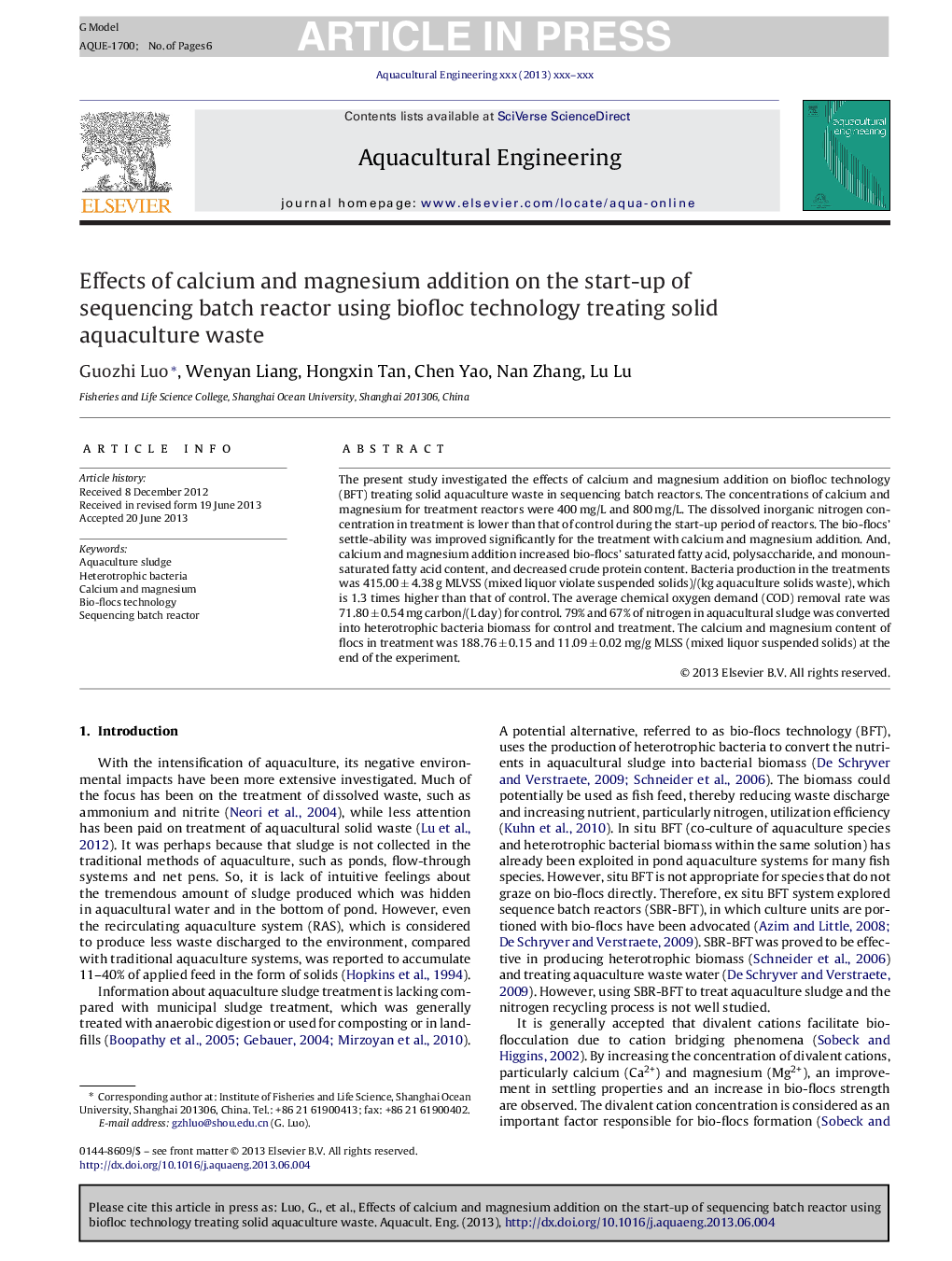 Effects of calcium and magnesium addition on the start-up of sequencing batch reactor using biofloc technology treating solid aquaculture waste