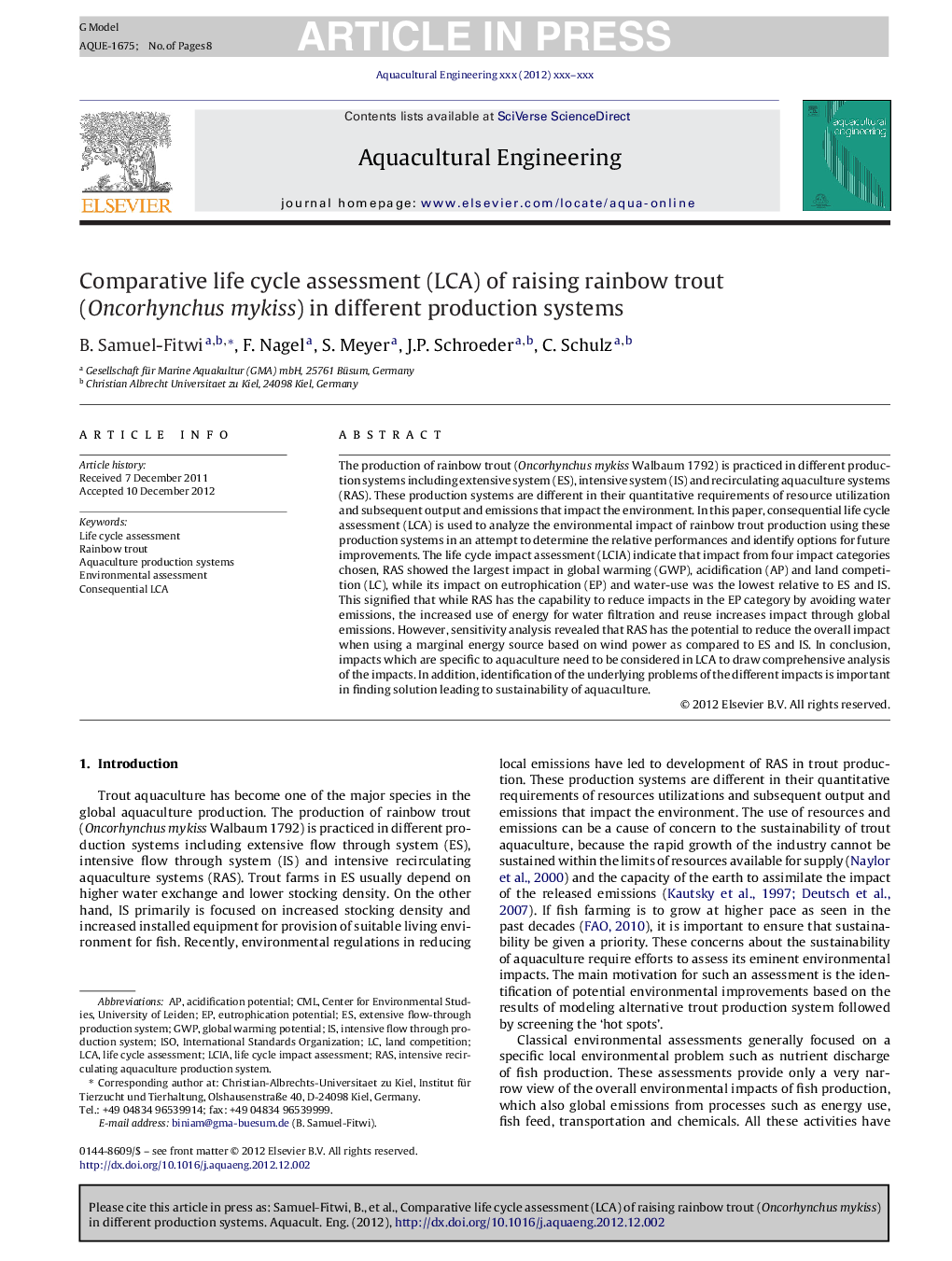 Comparative life cycle assessment (LCA) of raising rainbow trout (Oncorhynchus mykiss) in different production systems