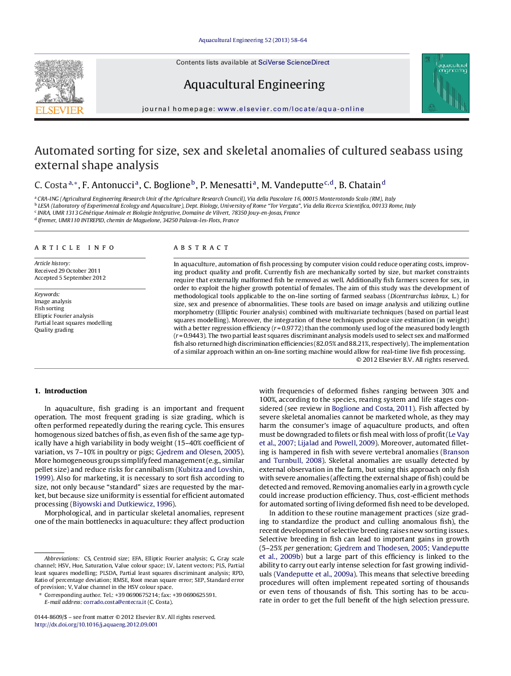 Automated sorting for size, sex and skeletal anomalies of cultured seabass using external shape analysis