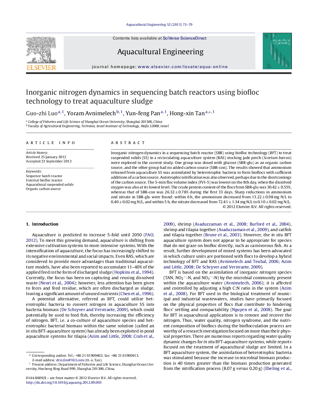 Inorganic nitrogen dynamics in sequencing batch reactors using biofloc technology to treat aquaculture sludge