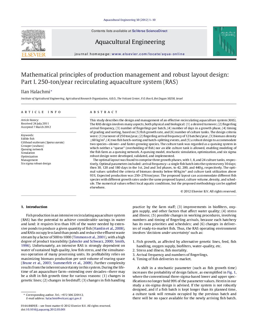 Mathematical principles of production management and robust layout design: Part I. 250-ton/year recirculating aquaculture system (RAS)