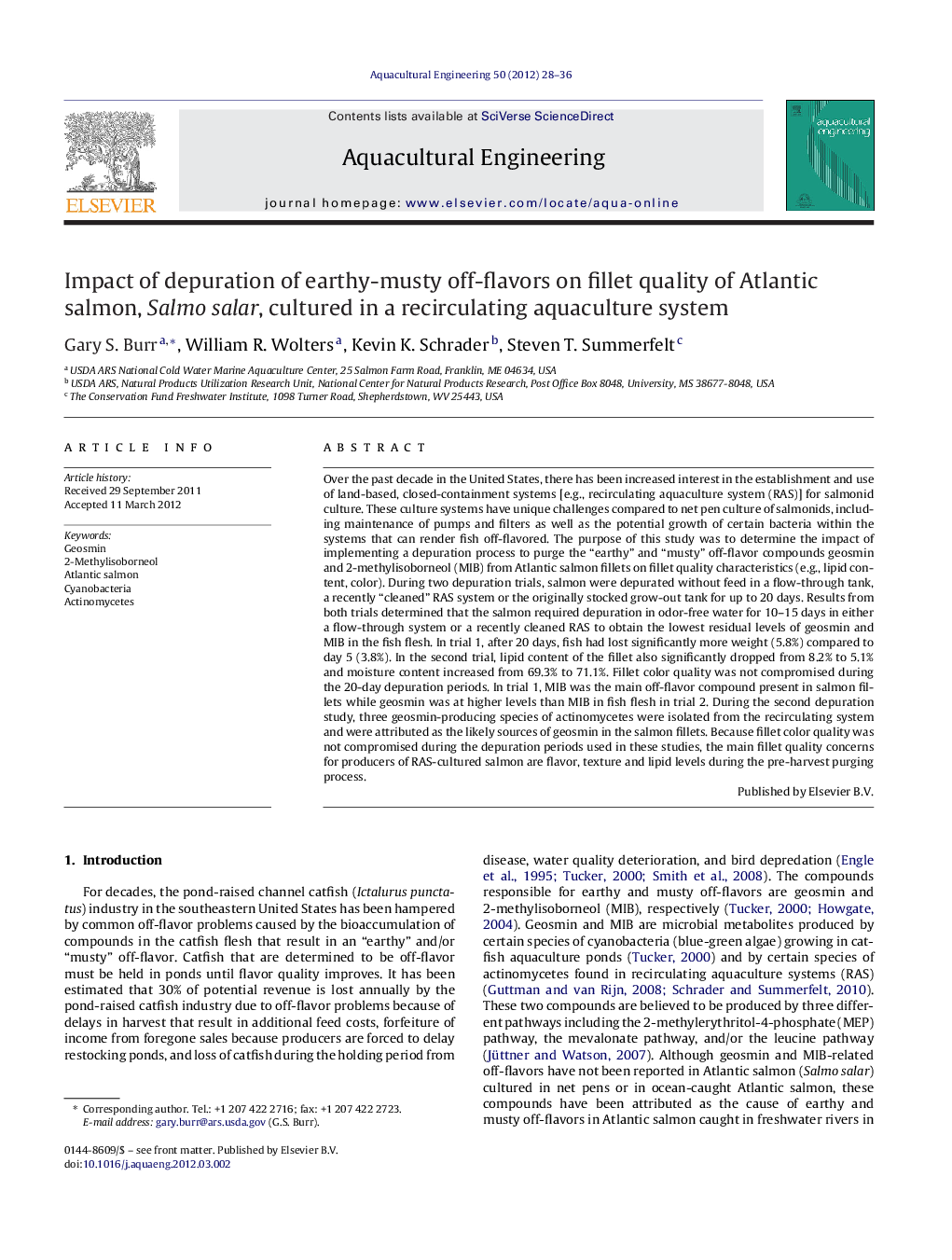 Impact of depuration of earthy-musty off-flavors on fillet quality of Atlantic salmon, Salmo salar, cultured in a recirculating aquaculture system