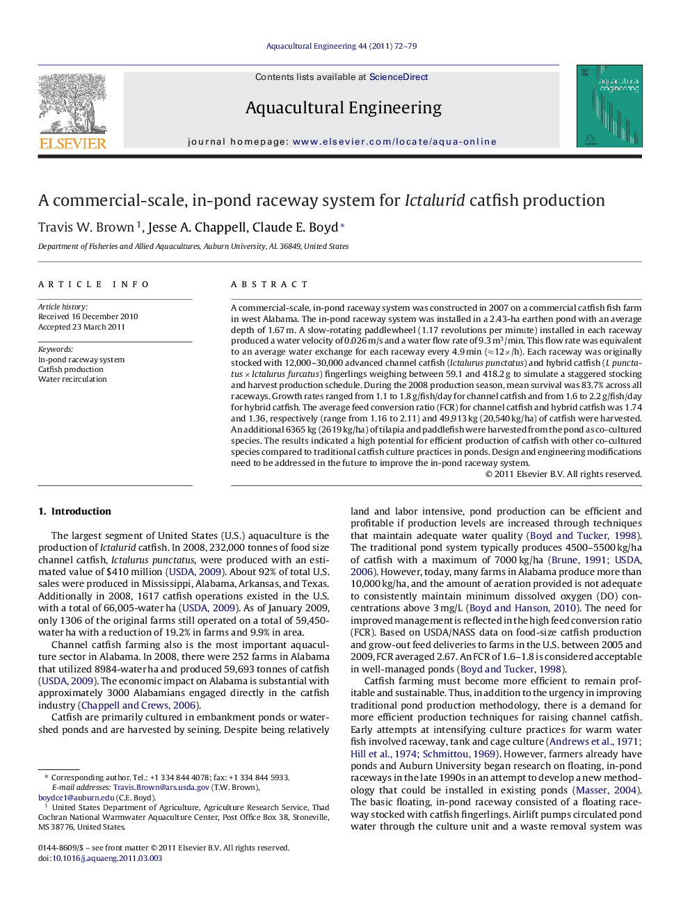 A commercial-scale, in-pond raceway system for Ictalurid catfish production