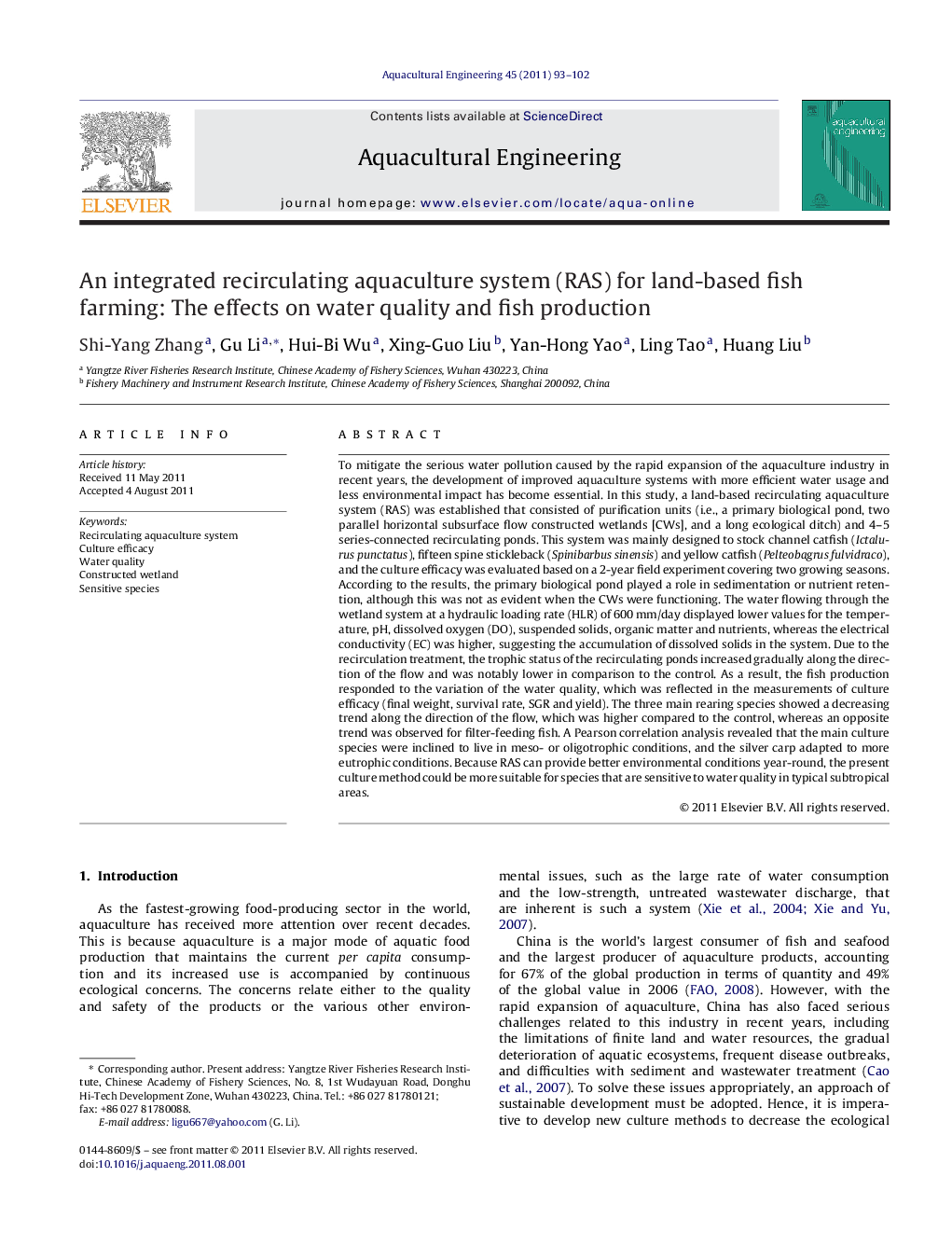 An integrated recirculating aquaculture system (RAS) for land-based fish farming: The effects on water quality and fish production