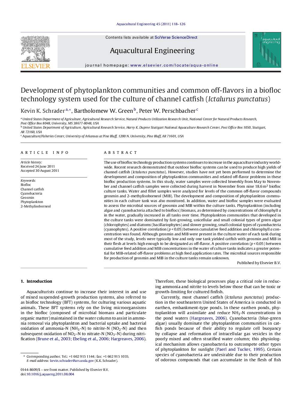 Development of phytoplankton communities and common off-flavors in a biofloc technology system used for the culture of channel catfish (Ictalurus punctatus)