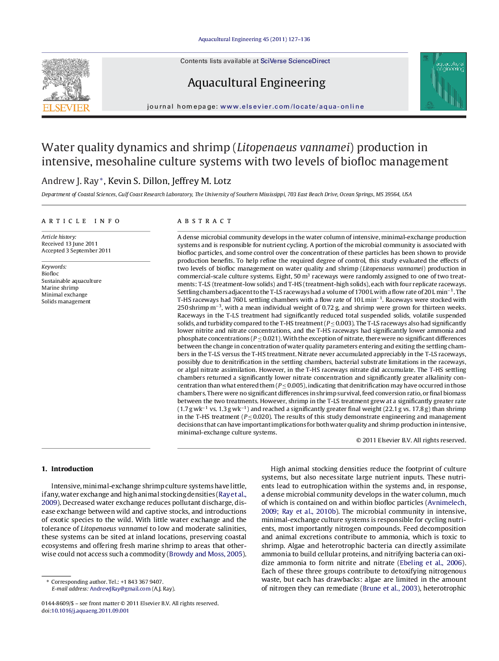 Water quality dynamics and shrimp (Litopenaeus vannamei) production in intensive, mesohaline culture systems with two levels of biofloc management