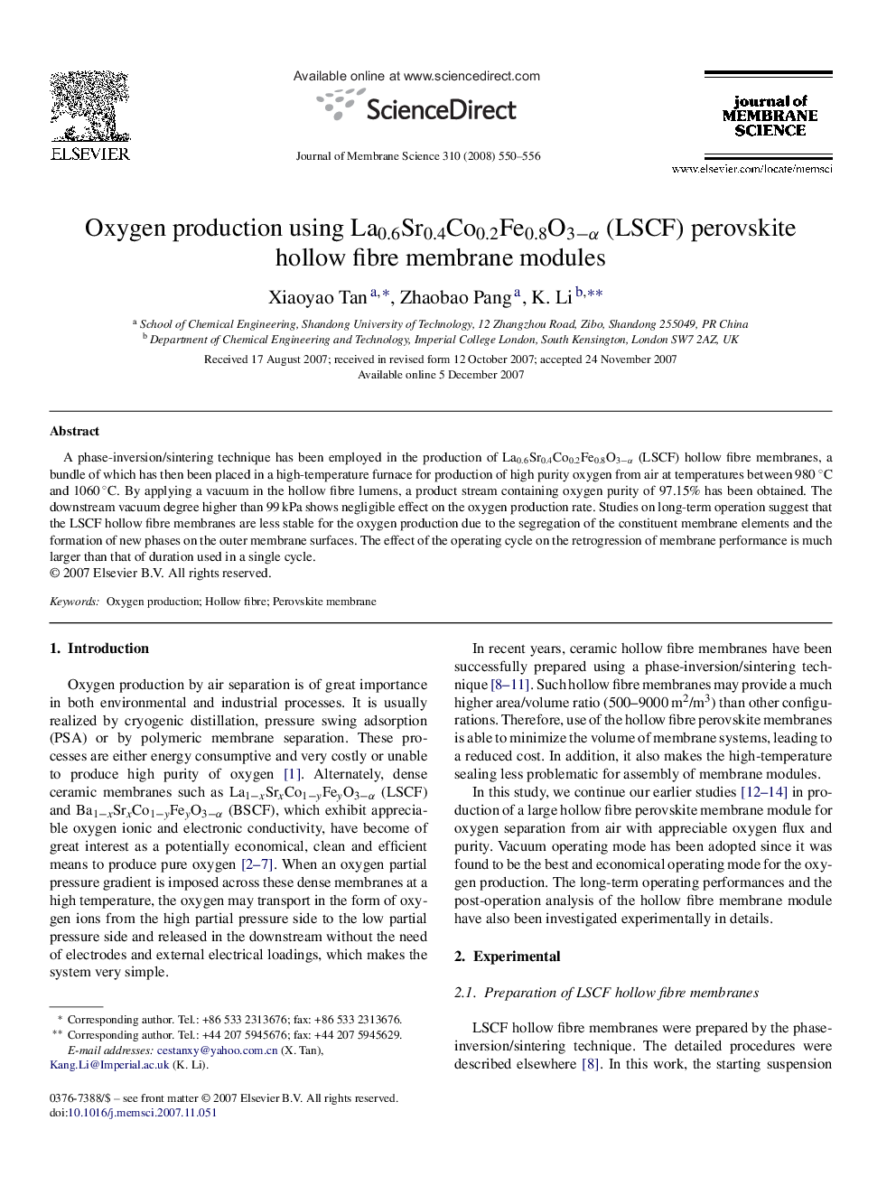 Oxygen production using La0.6Sr0.4Co0.2Fe0.8O3−α (LSCF) perovskite hollow fibre membrane modules