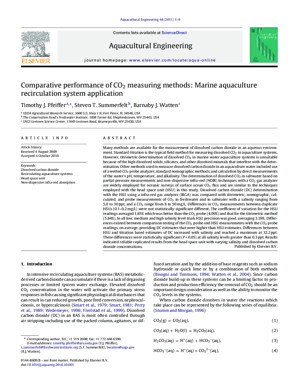 Comparative performance of CO2 measuring methods: Marine aquaculture recirculation system application