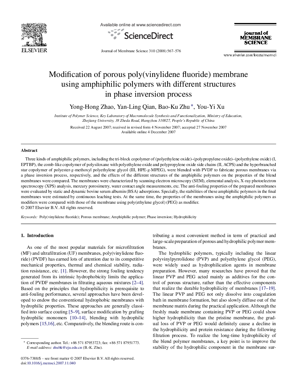 Modification of porous poly(vinylidene fluoride) membrane using amphiphilic polymers with different structures in phase inversion process
