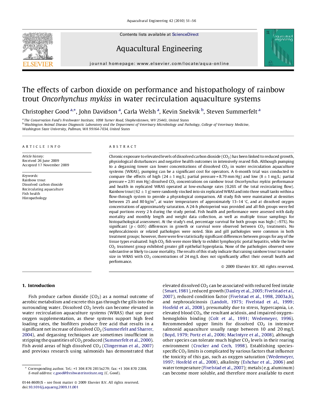 The effects of carbon dioxide on performance and histopathology of rainbow trout Oncorhynchus mykiss in water recirculation aquaculture systems