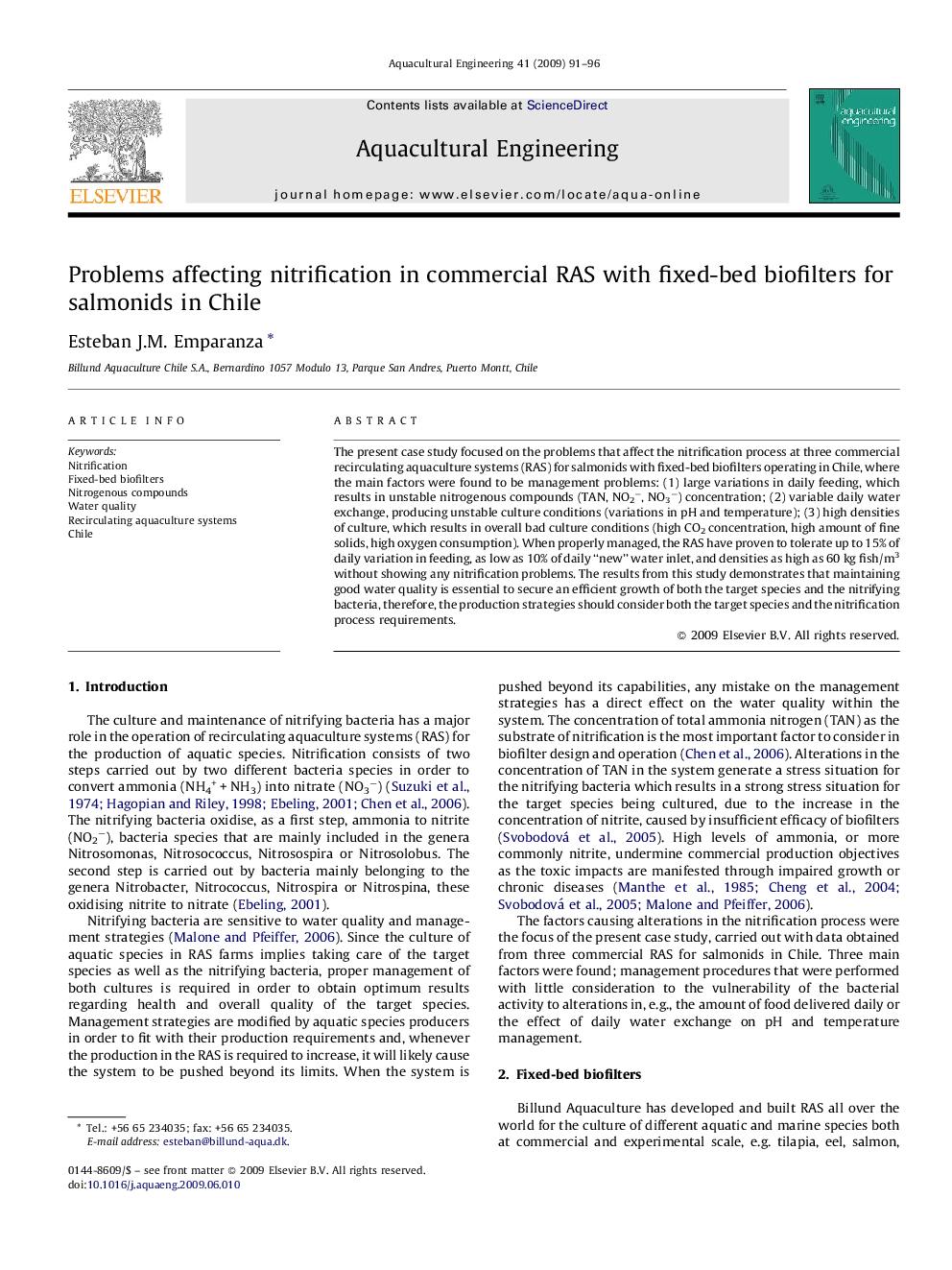 Problems affecting nitrification in commercial RAS with fixed-bed biofilters for salmonids in Chile